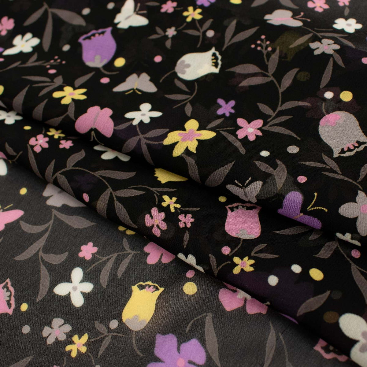 Printed Chiffon Design-6 Pink & Yellow Florals On Black – Homecraft 