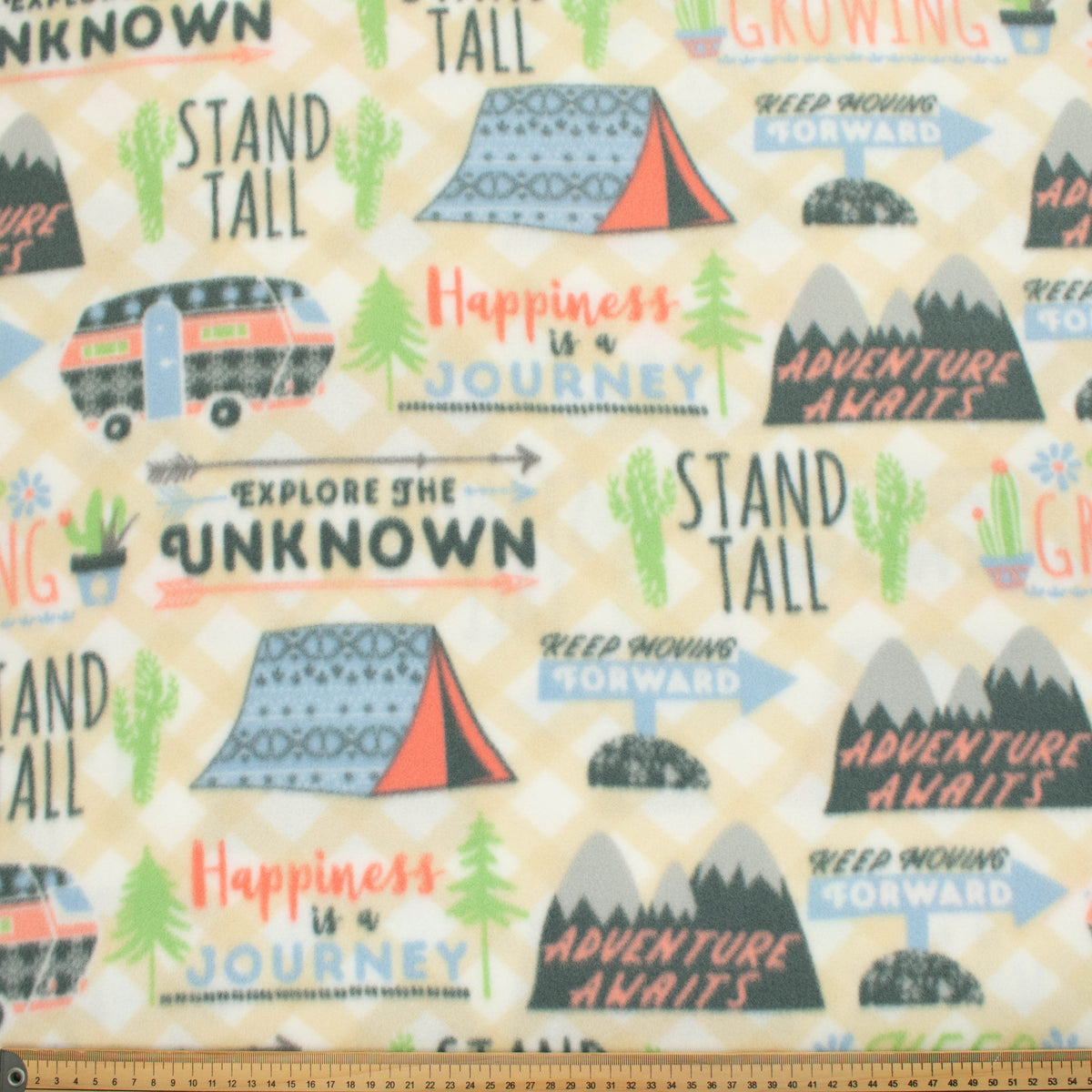 Campers on Beige Gingham Printed Polar Fleece Homecraft Textiles