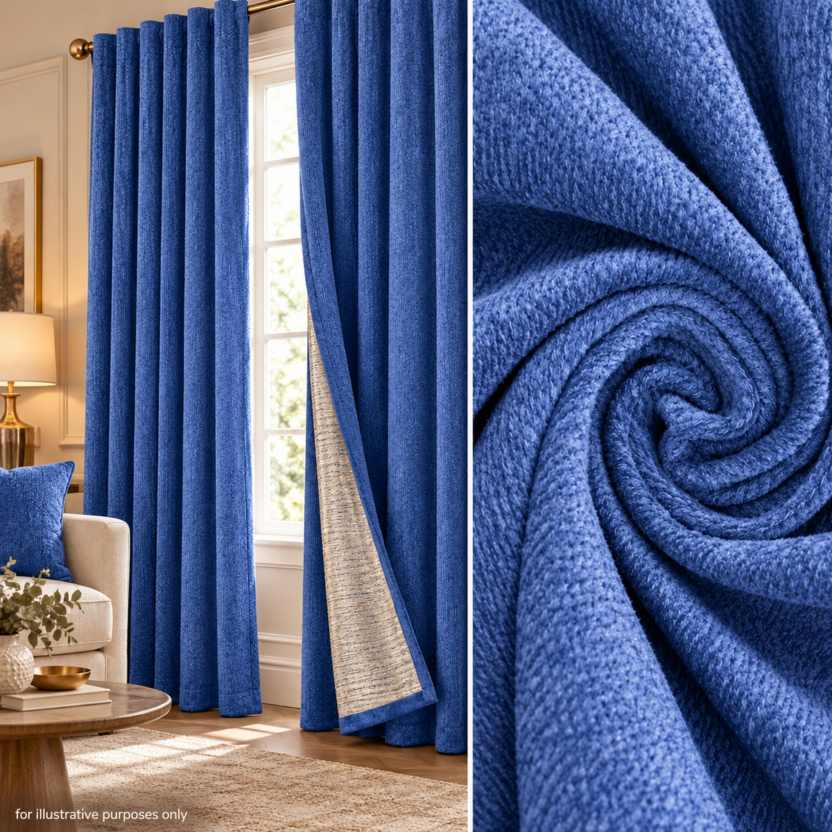 Metallic Lurex Chenille Curtaining & Upholstery Fabric with Foil Backing in Royal Blue