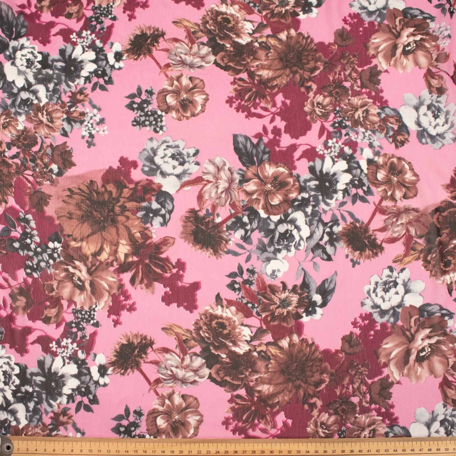 Printed Chiffon Brown & Silver Flowers on Pink