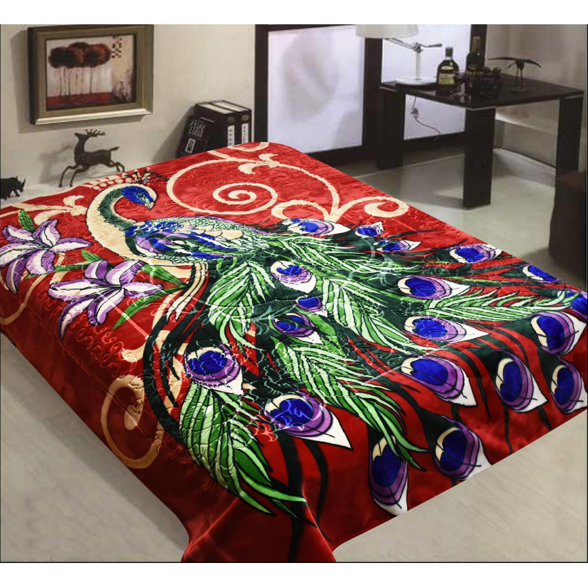 Printed Embossed Mink Blanket Red Peacock Pattern 220x240cm