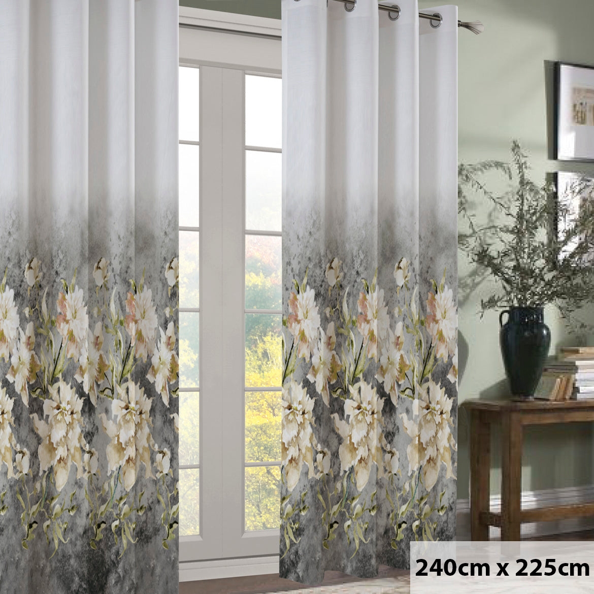 Magnolia Bloom Floral Printed Eyelet Ready to Hang Curtain