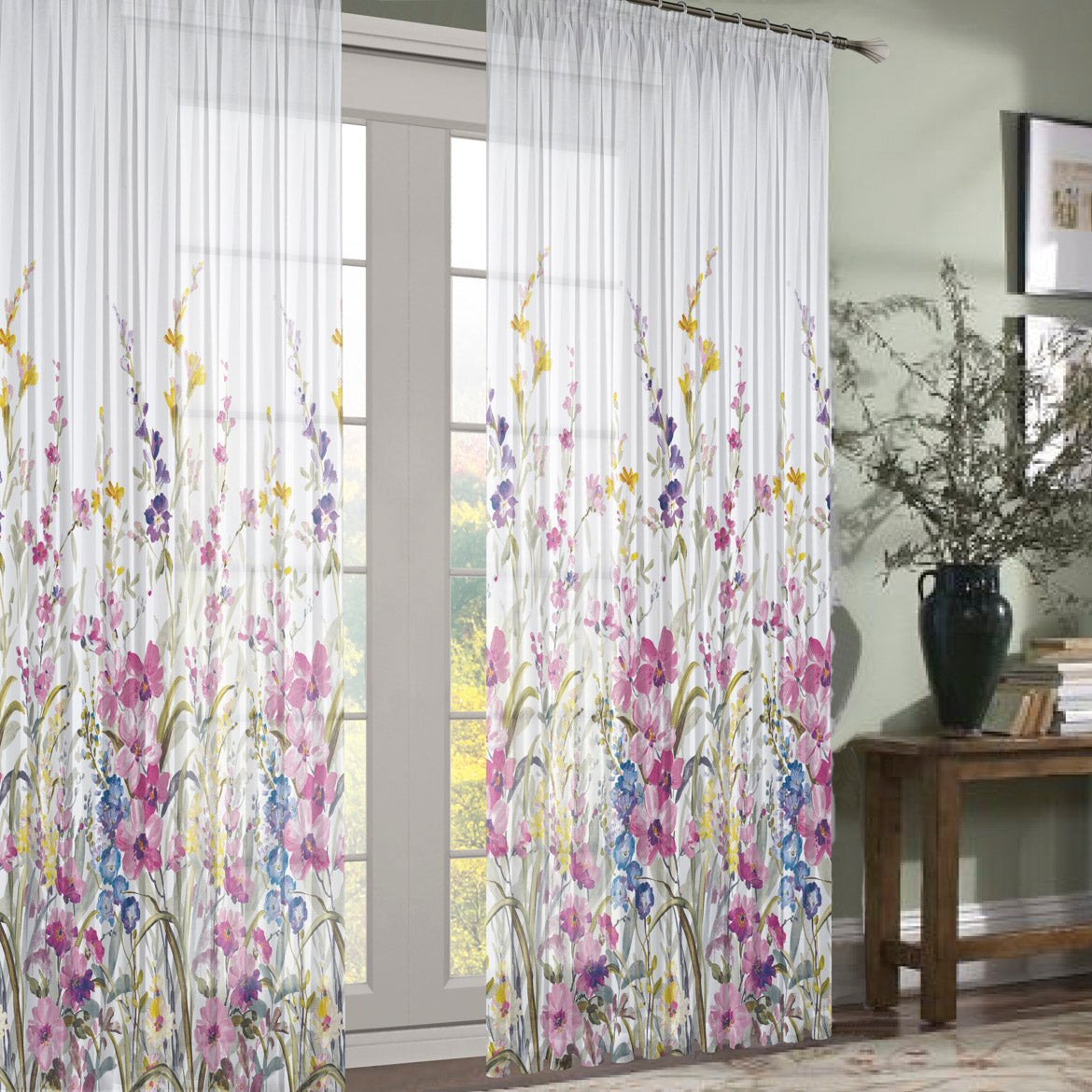 280CM Wide Spring Meadow Floral Printed Sheer Curtaining Fabric