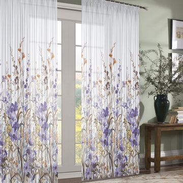 Spring Meadow Floral Printed Ready to Hang Sheer Pencil Pleat Curtain