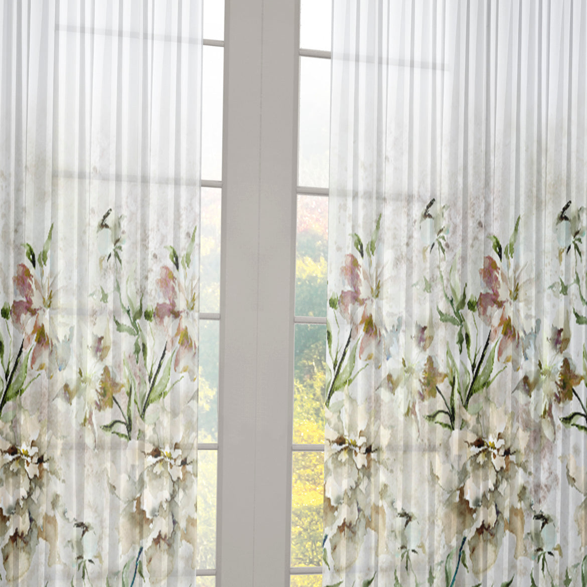 Magnolia Bloom Floral Printed Ready to Hang Sheer Pencil Pleat Curtain