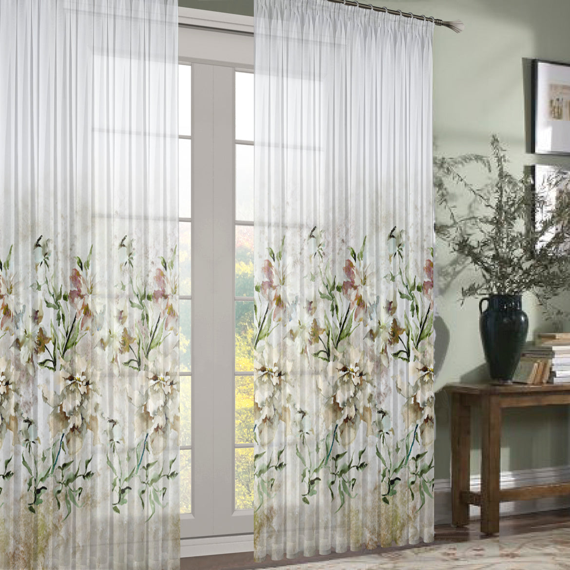 280CM Wide Magnolia Bloom Floral Printed Sheer Curtaining Fabric