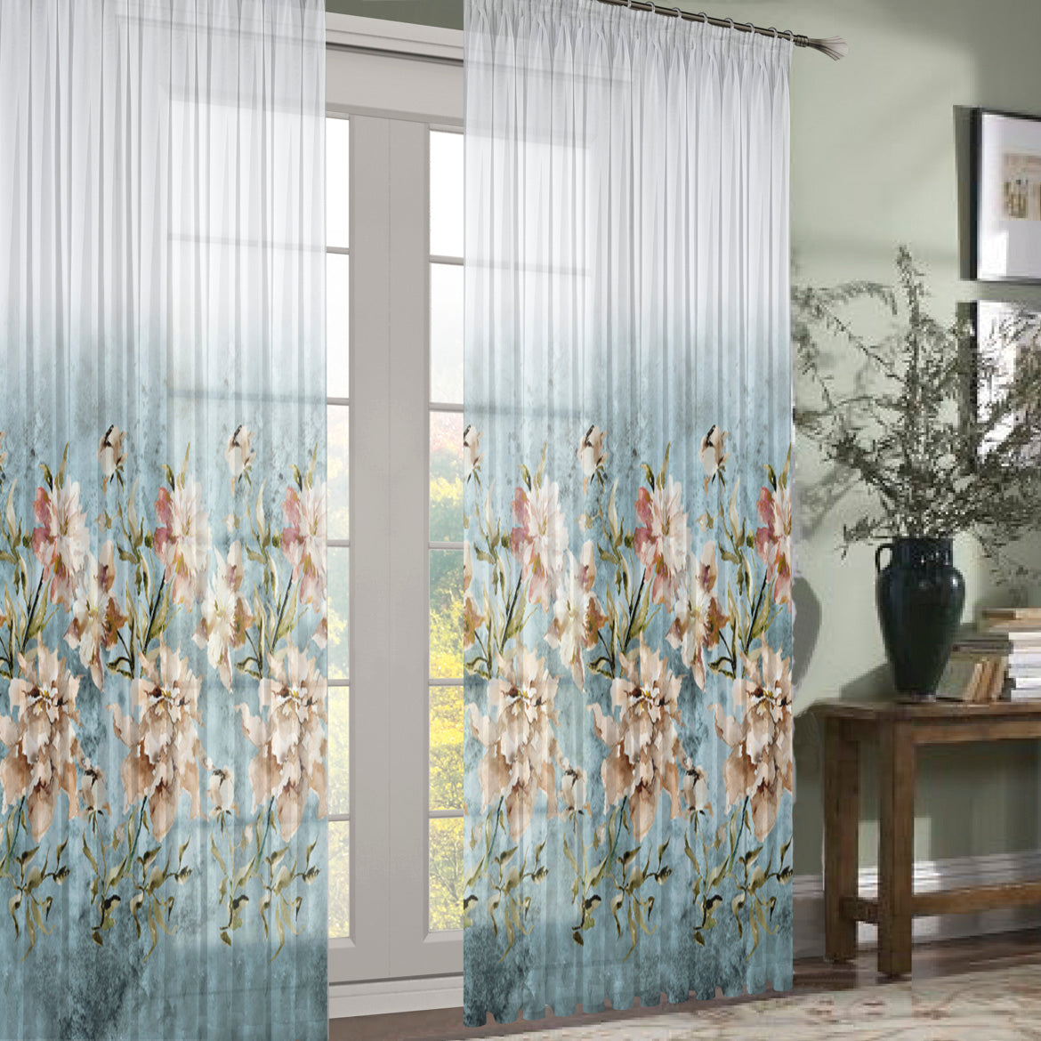 280CM Wide Magnolia Bloom Floral Printed Sheer Curtaining Fabric