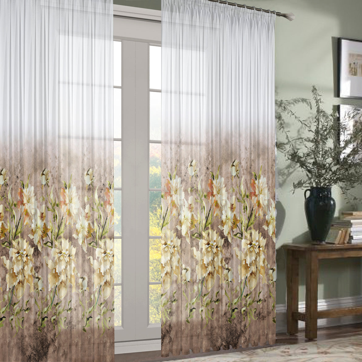 280CM Wide Magnolia Bloom Floral Printed Sheer Curtaining Fabric