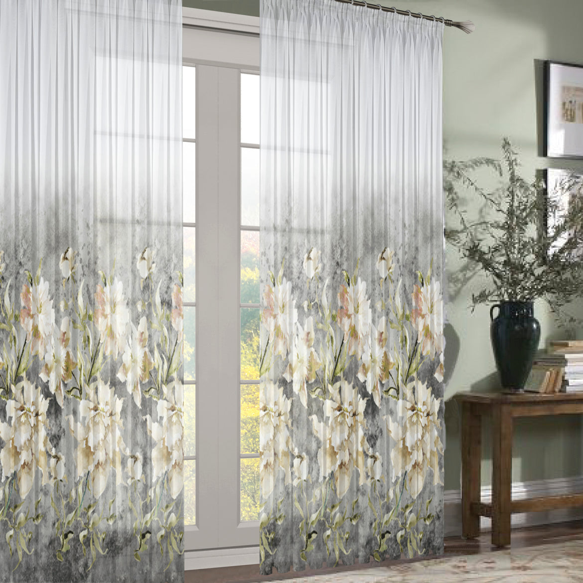 280CM Wide Magnolia Bloom Floral Printed Sheer Curtaining Fabric