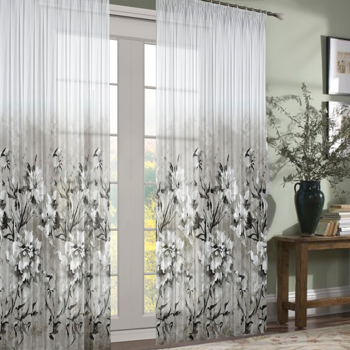 280CM Wide Magnolia Bloom Floral Printed Sheer Curtaining Fabric