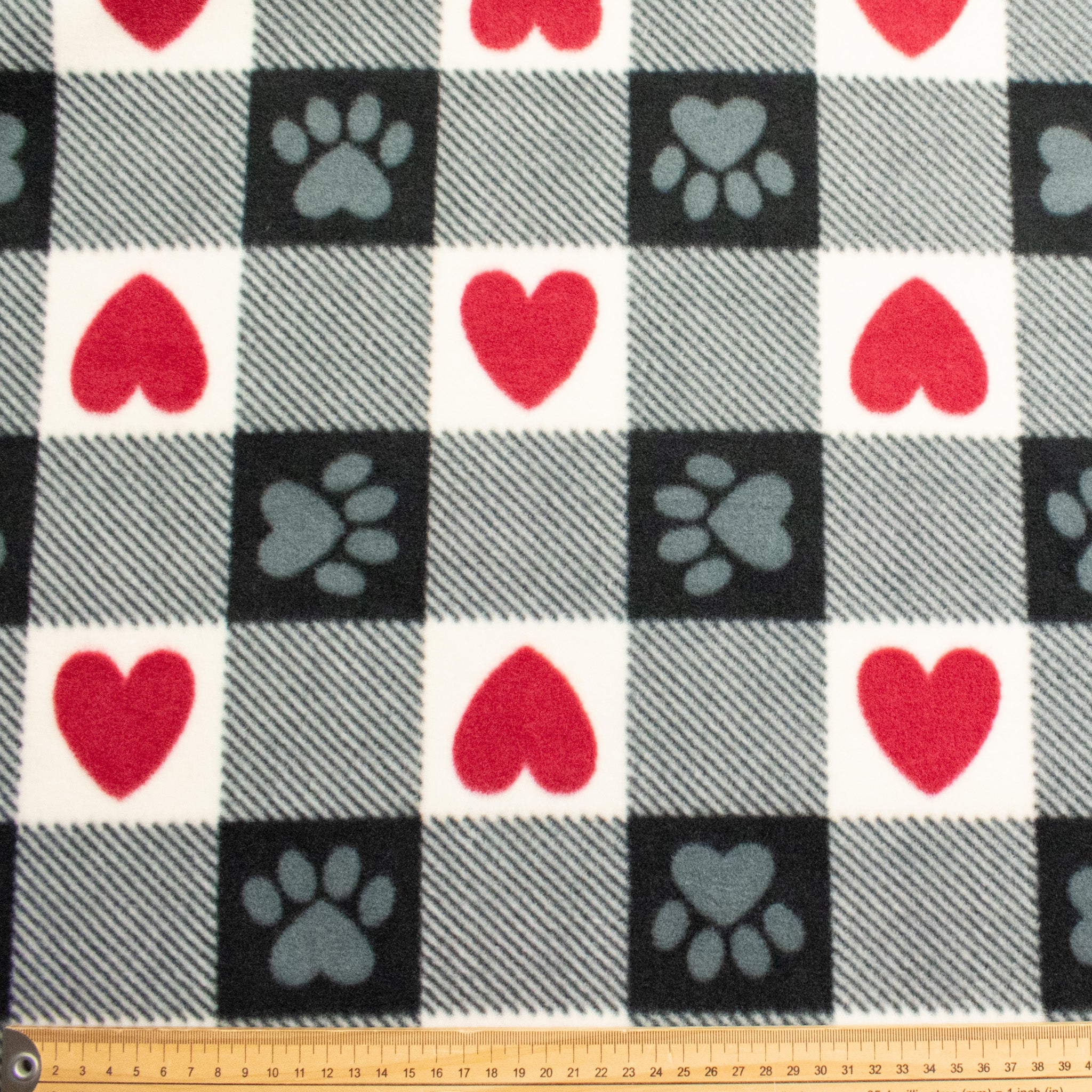 Red Heart Grey Paw Check Printed Polar Fleece