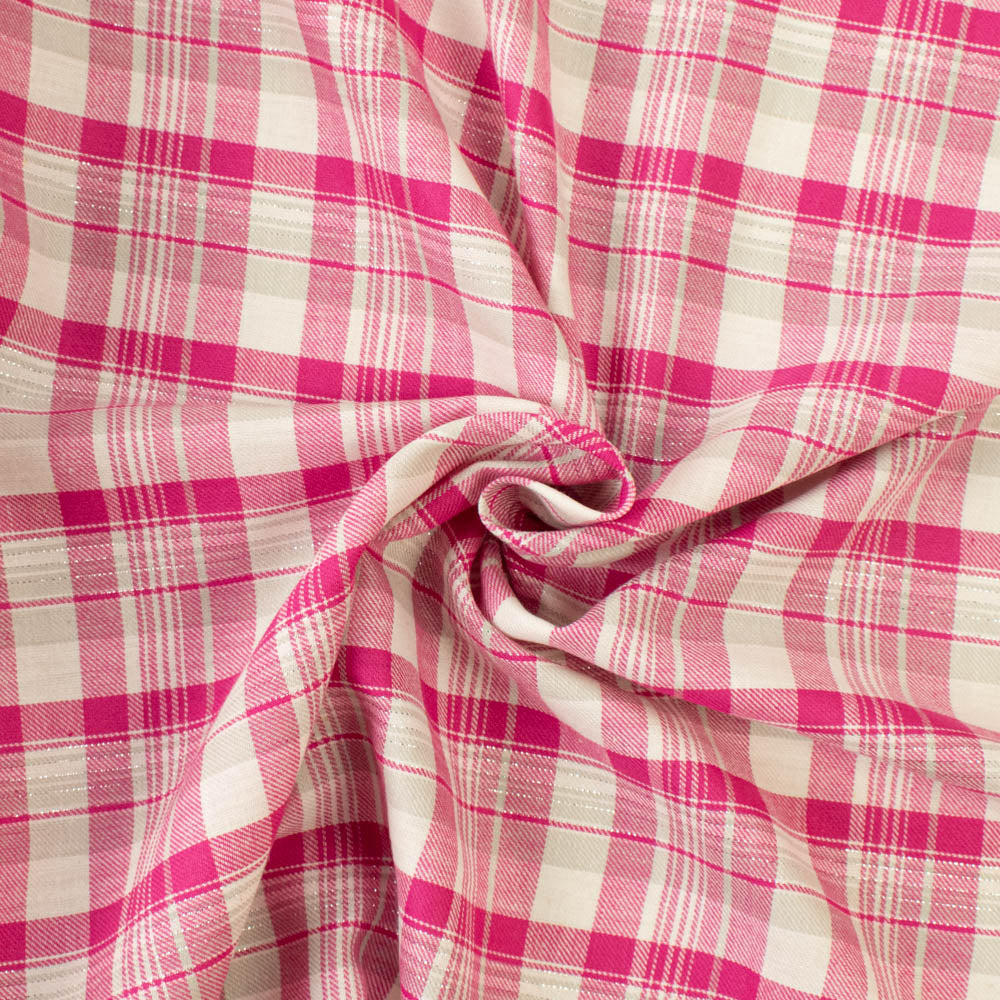 Premium Japanese Yarn-Dyed Gingham Check Cotton Shirting – Pink with metallic lurex