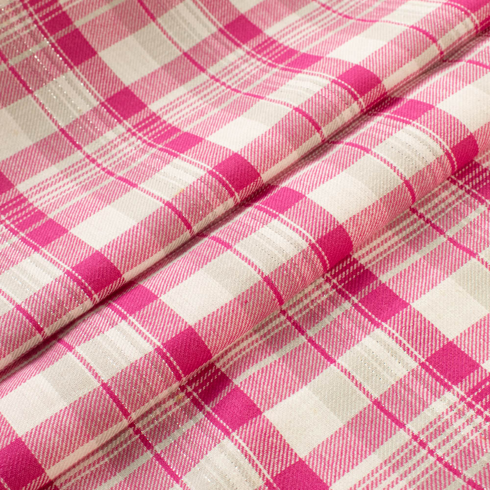 Premium Japanese Yarn-Dyed Gingham Check Cotton Shirting – Pink with metallic lurex