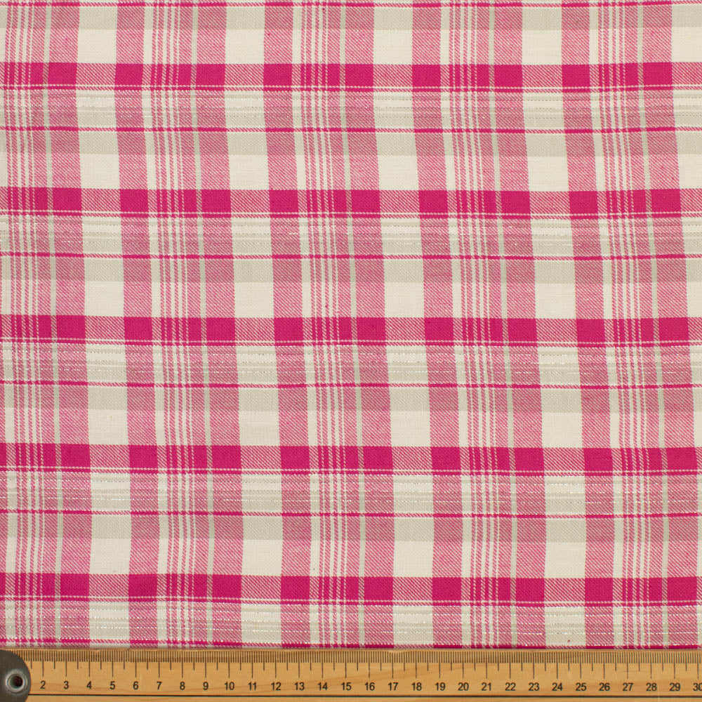 Premium Japanese Yarn-Dyed Gingham Check Cotton Shirting – Pink with metallic lurex