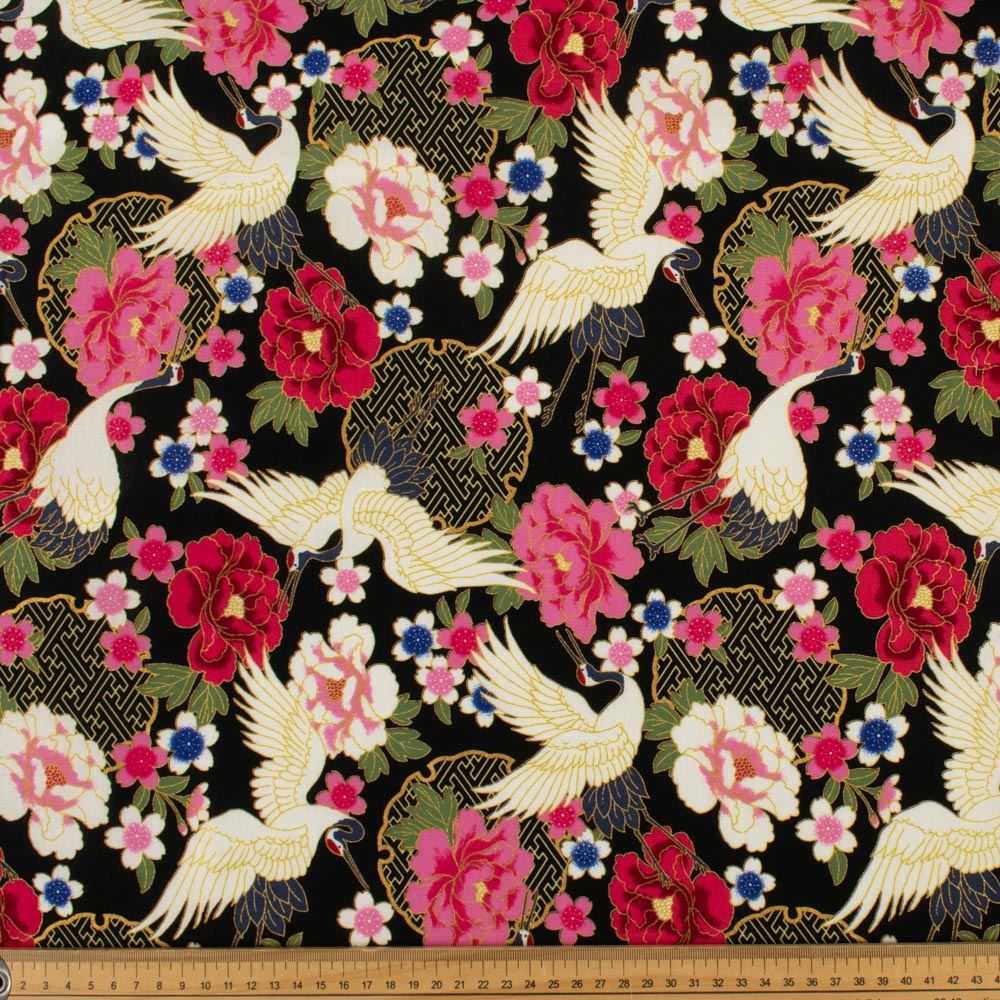 Japanese Yuzen-Style Cotton Prints - Cranes and Peonies Collection
