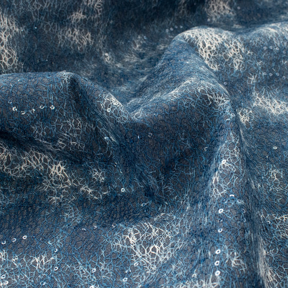 Denim with Sequin Spider Mesh Overlay
