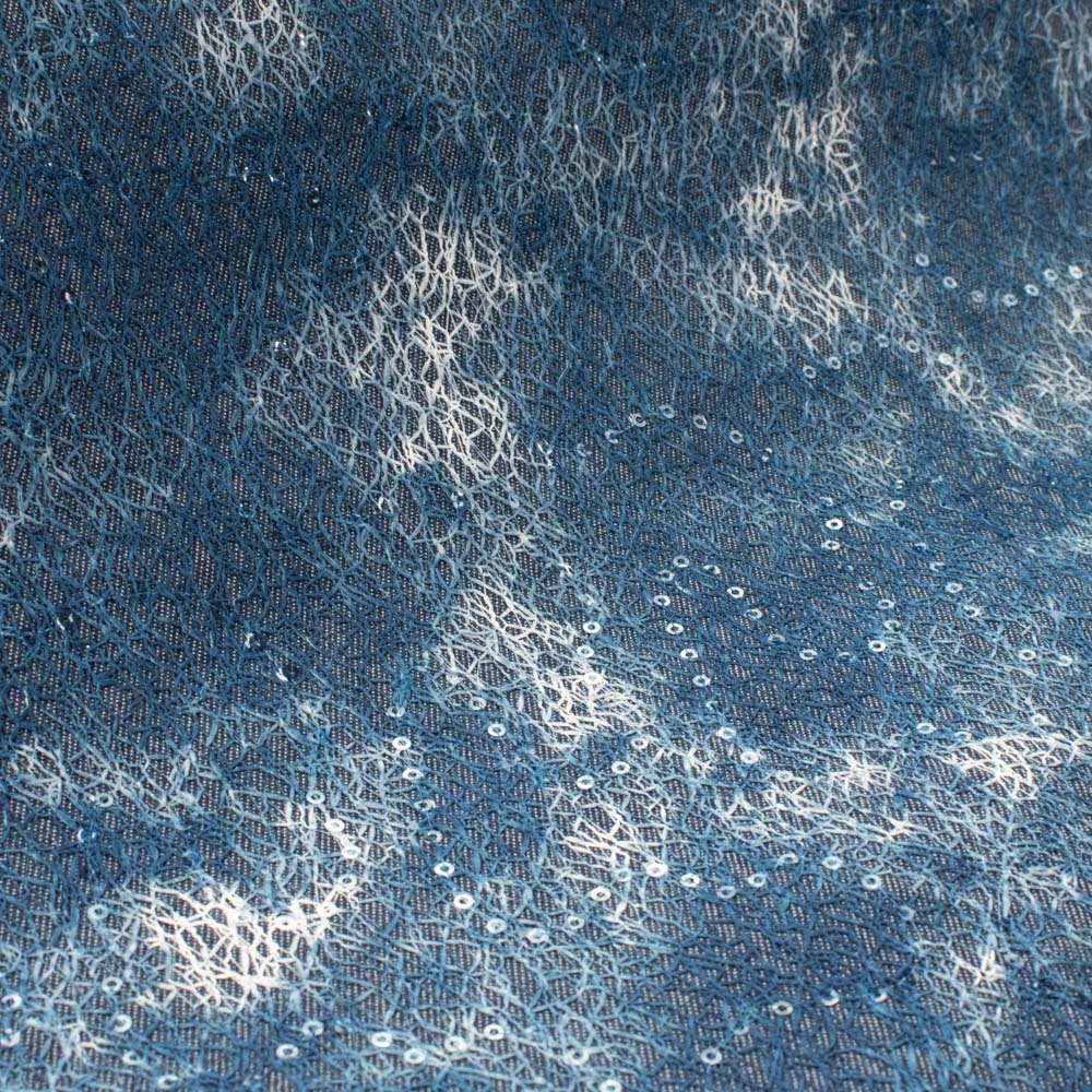 Denim with Sequin Spider Mesh Overlay