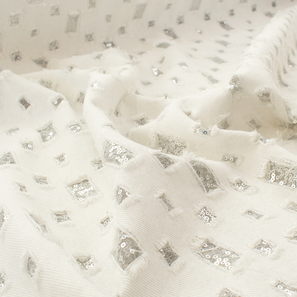 Sequin Mesh Cutout Denim