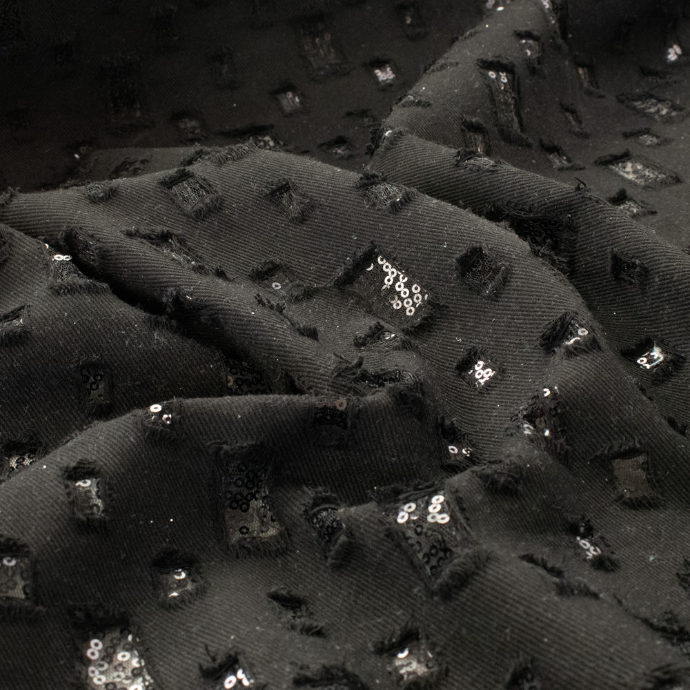 Sequin Mesh Cutout Denim