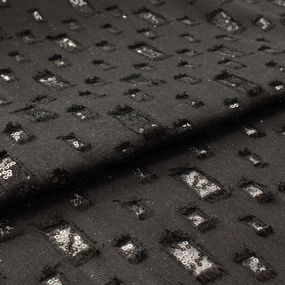 Sequin Mesh Cutout Denim