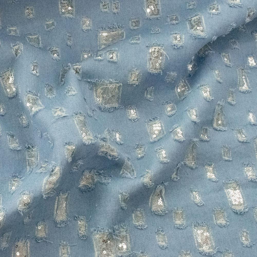 Sequin Mesh Cutout Denim