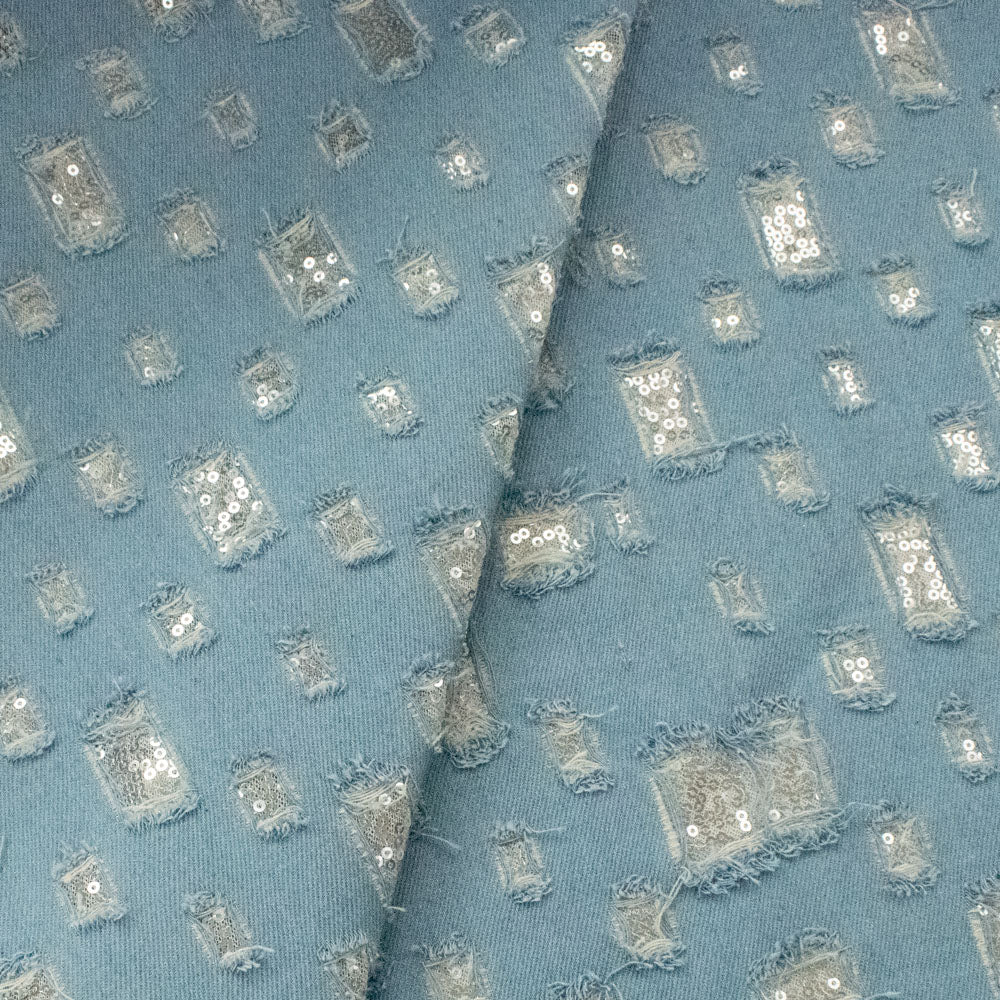 Sequin Mesh Cutout Denim