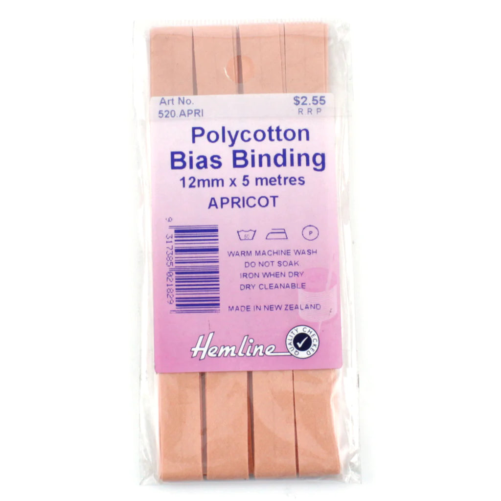 Hemline Polycotton Bias Binding - Apricot 12MM X 5M