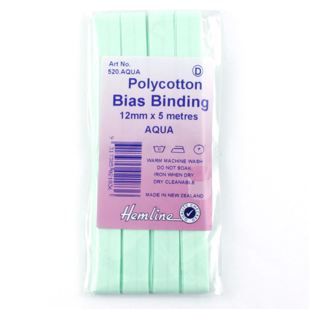 Hemline Polycotton Bias Binding - AQUA 12MM X 5M