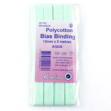 Hemline Polycotton Bias Binding - AQUA 12MM X 5M