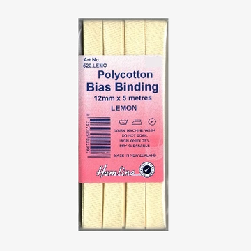 Hemline Polycotton Bias Binding - LEMON 12MM X 5M