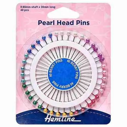 Hemline Pearl Head Pins 38 x 0.65mm - 40pcs Coloured Heads
