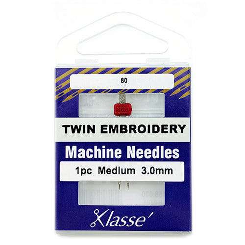 Klasse Sewing Machine Needles Twin-Embroidery Size 80/3.0mm - 1 Per Cassette