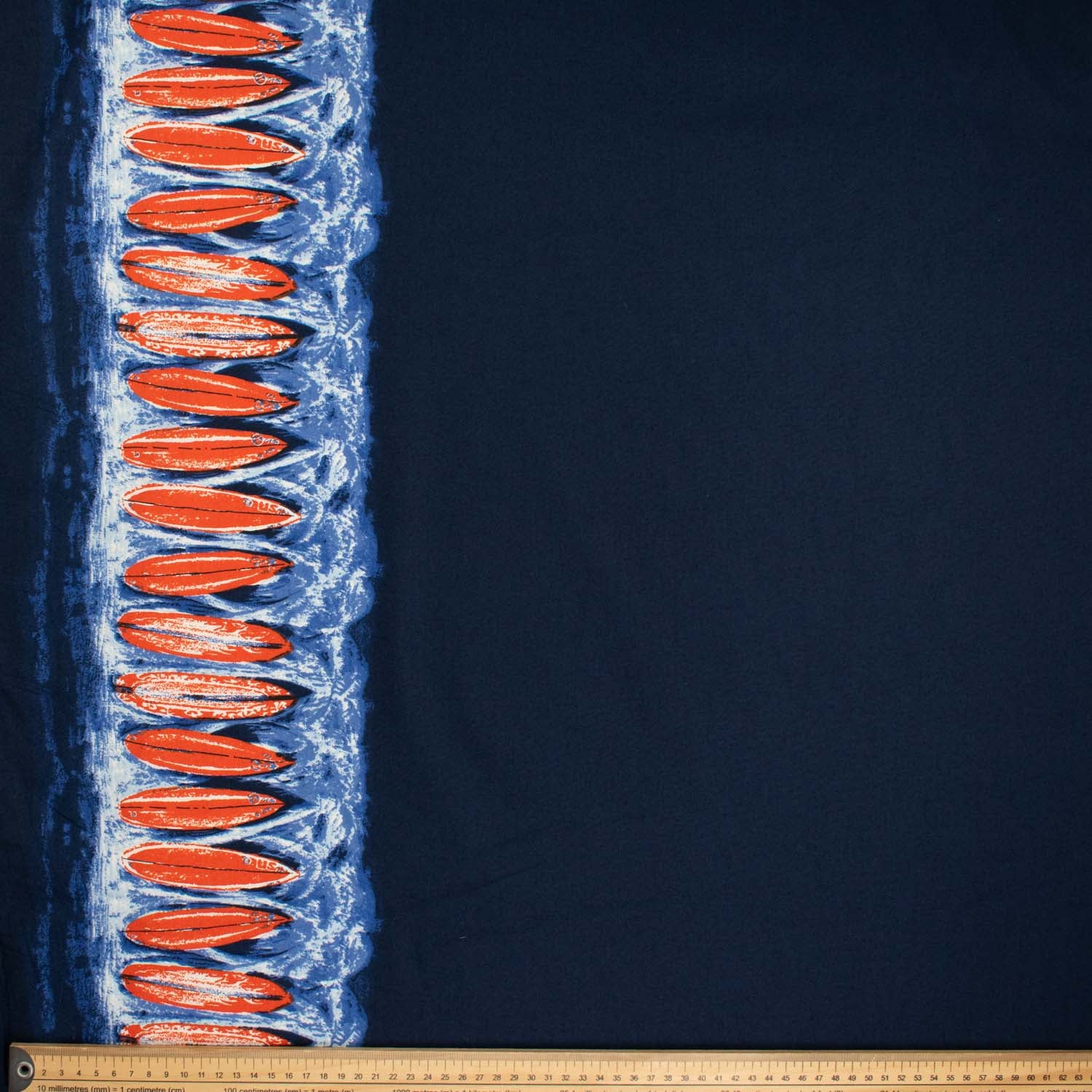 Cotton Border Prints Design-10 Orange Surfboard on Navy Ocean