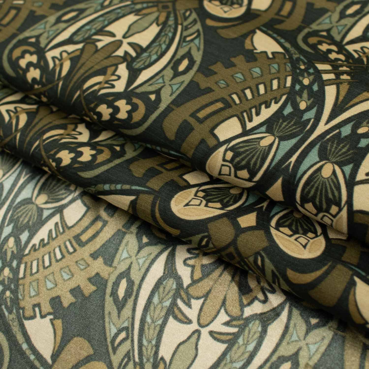 Printed Satin Lining Design-19 Olive Green Abstract Butterflies