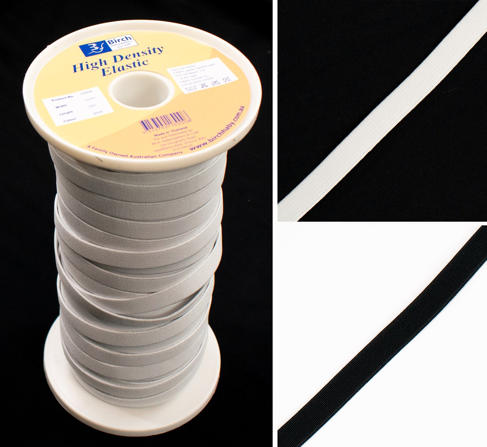 50M Roll Birch High Density Elastic 12mm Black & White