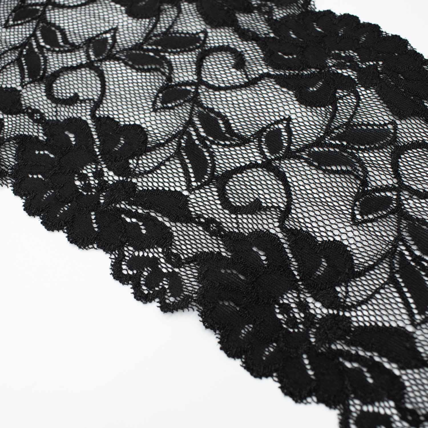 Black Floral Stretch Raschel Lace Trim 155mm