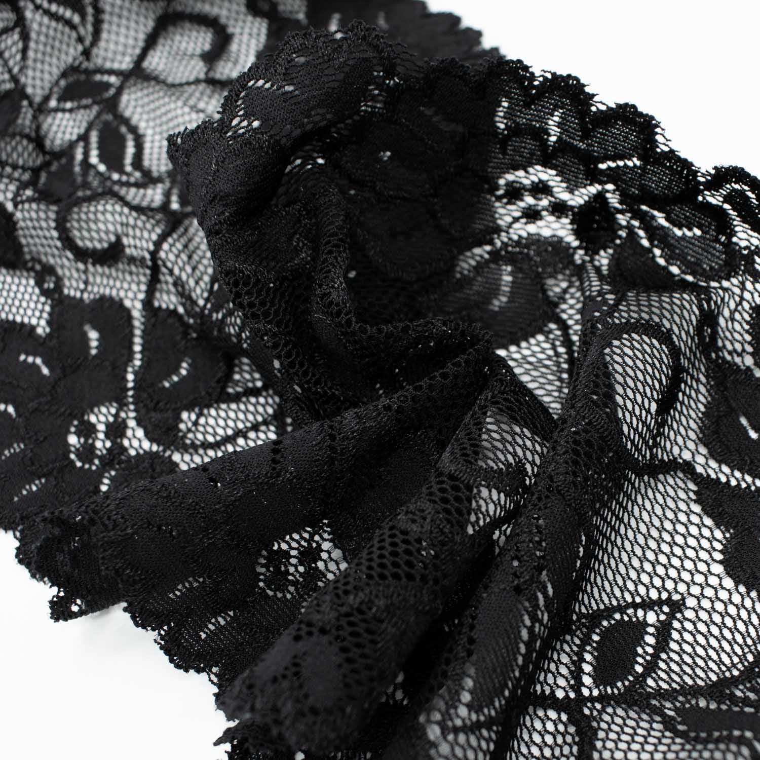Black Floral Stretch Raschel Lace Trim 155mm