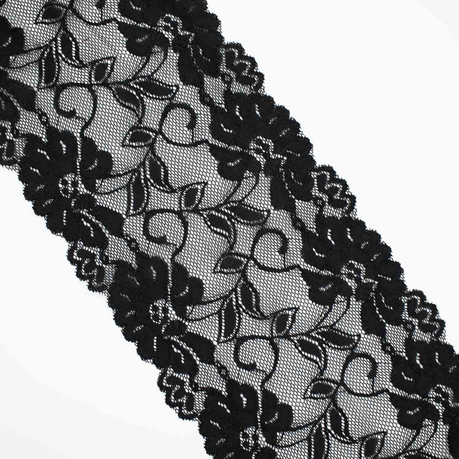 Black Floral Stretch Raschel Lace Trim 155mm