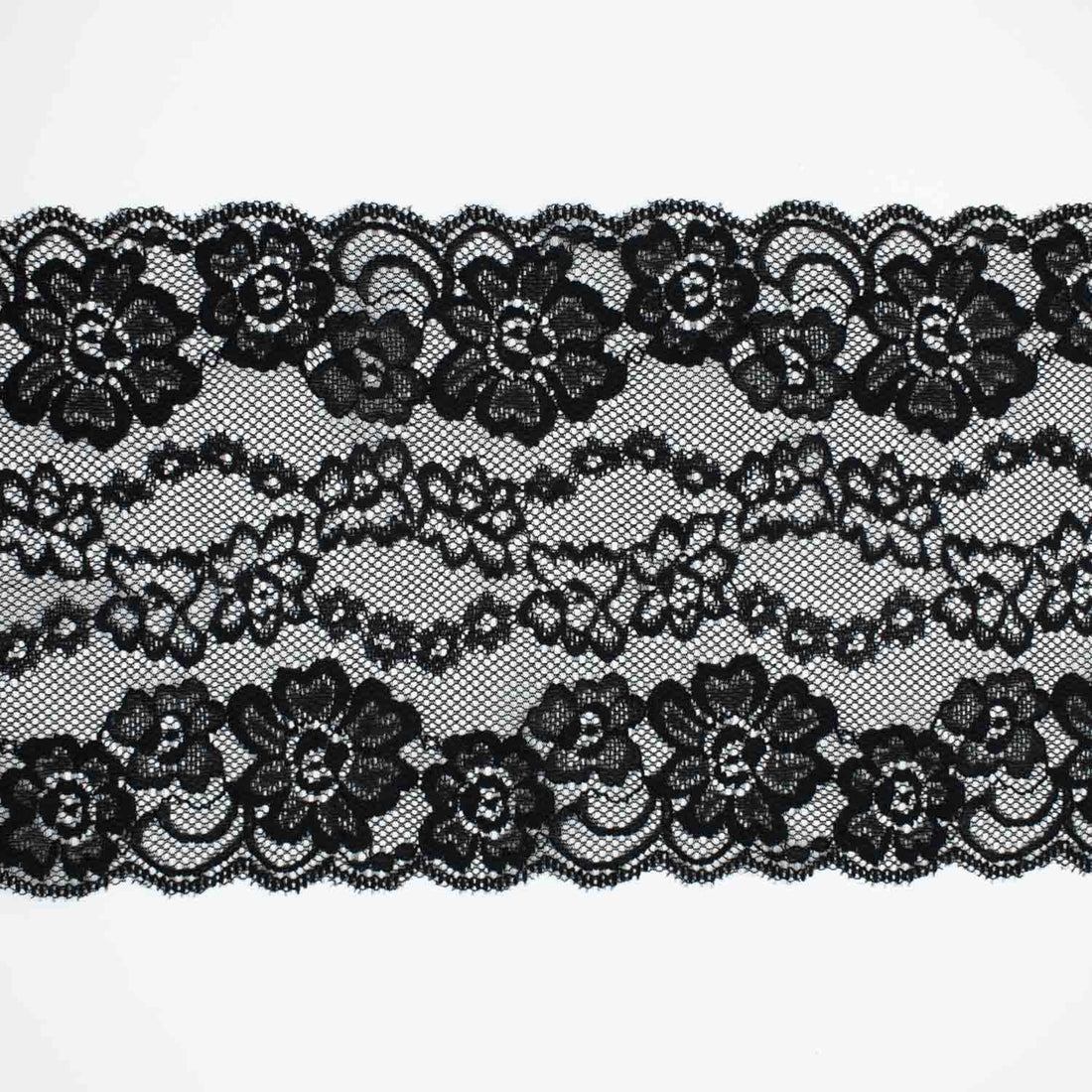 Black Floral Stretch Raschel Lace Trim 150mm
