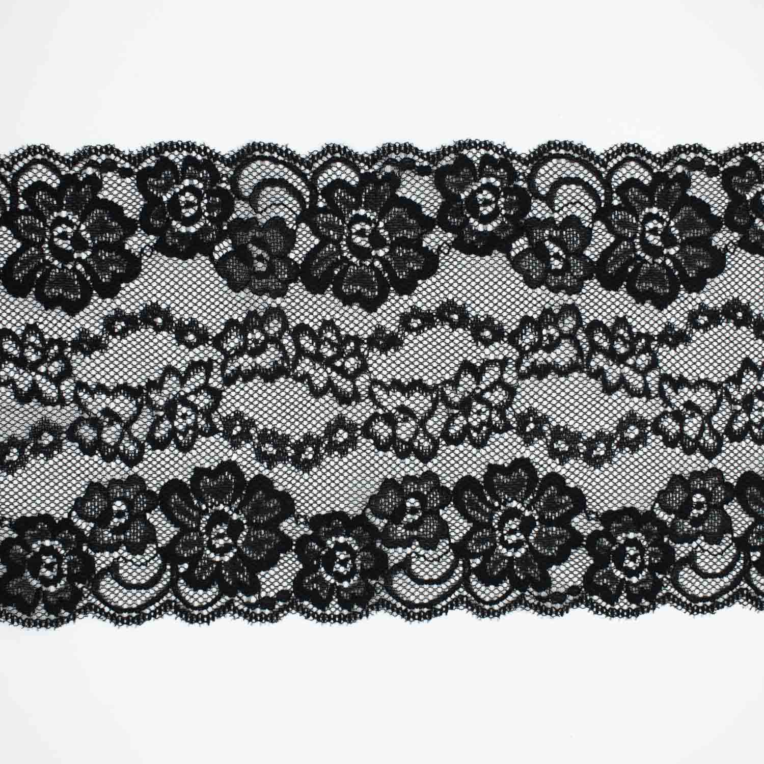 Black Floral Stretch Raschel Lace Trim 150mm