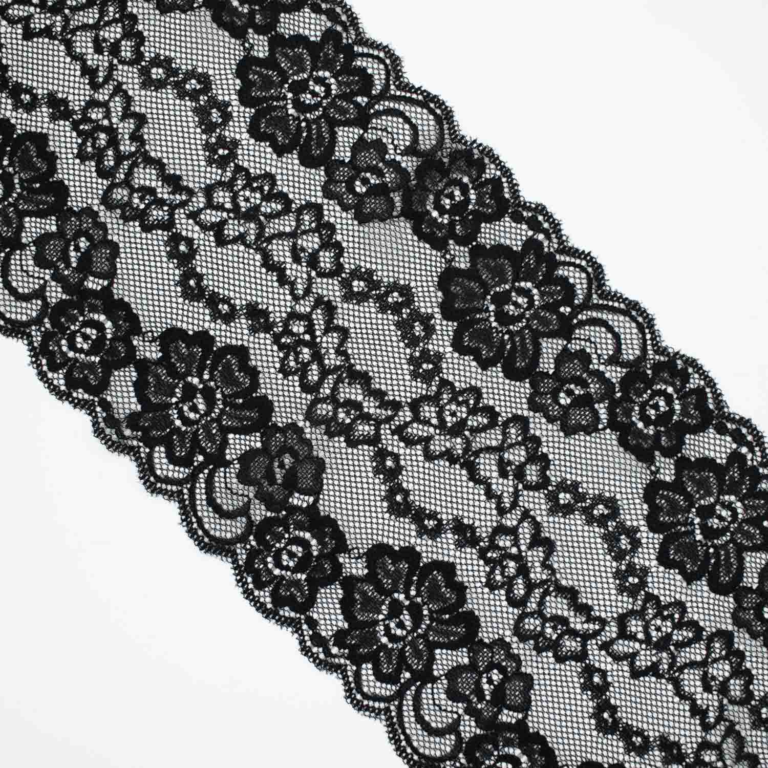 Black Floral Stretch Raschel Lace Trim 150mm