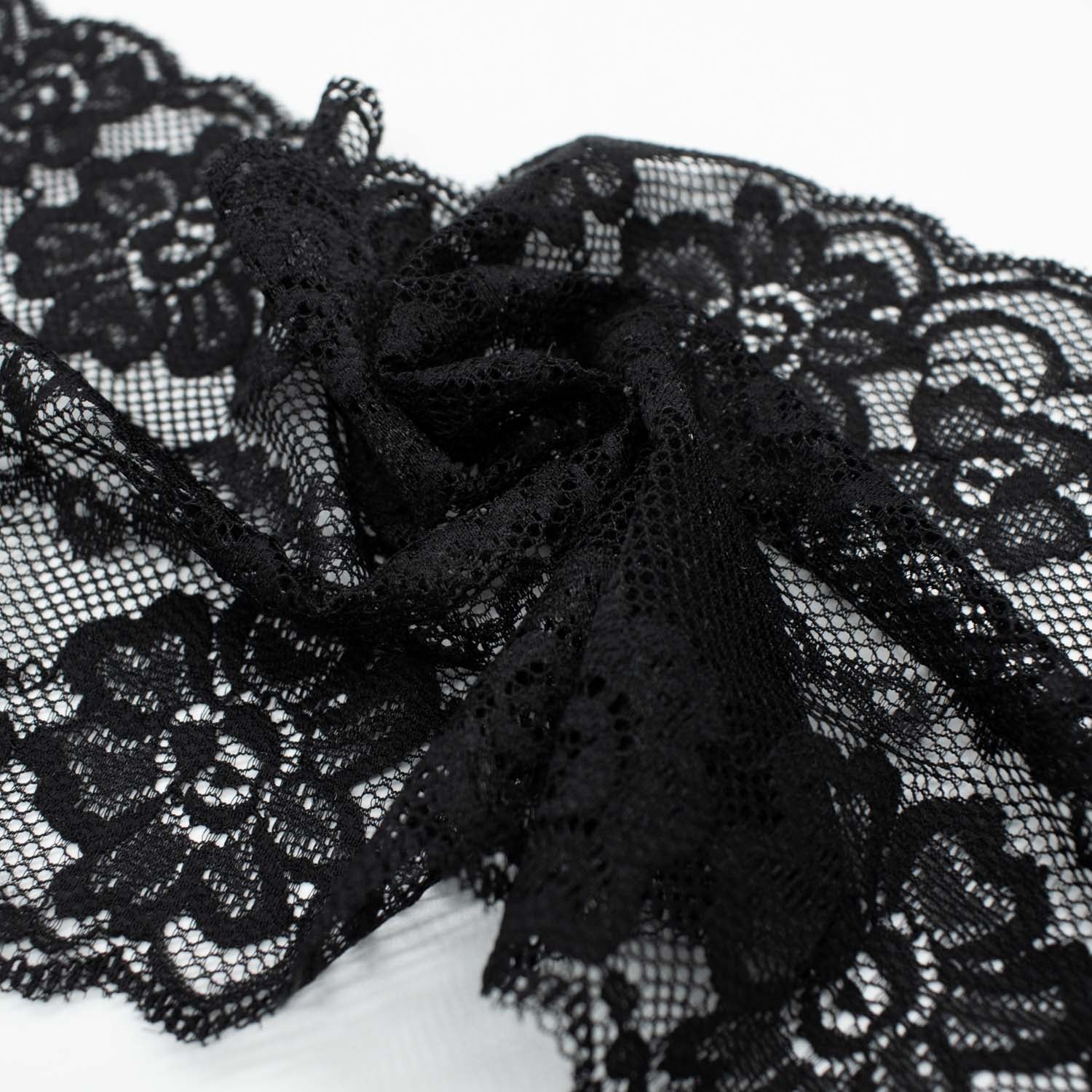 Black Floral Stretch Raschel Lace Trim 150mm