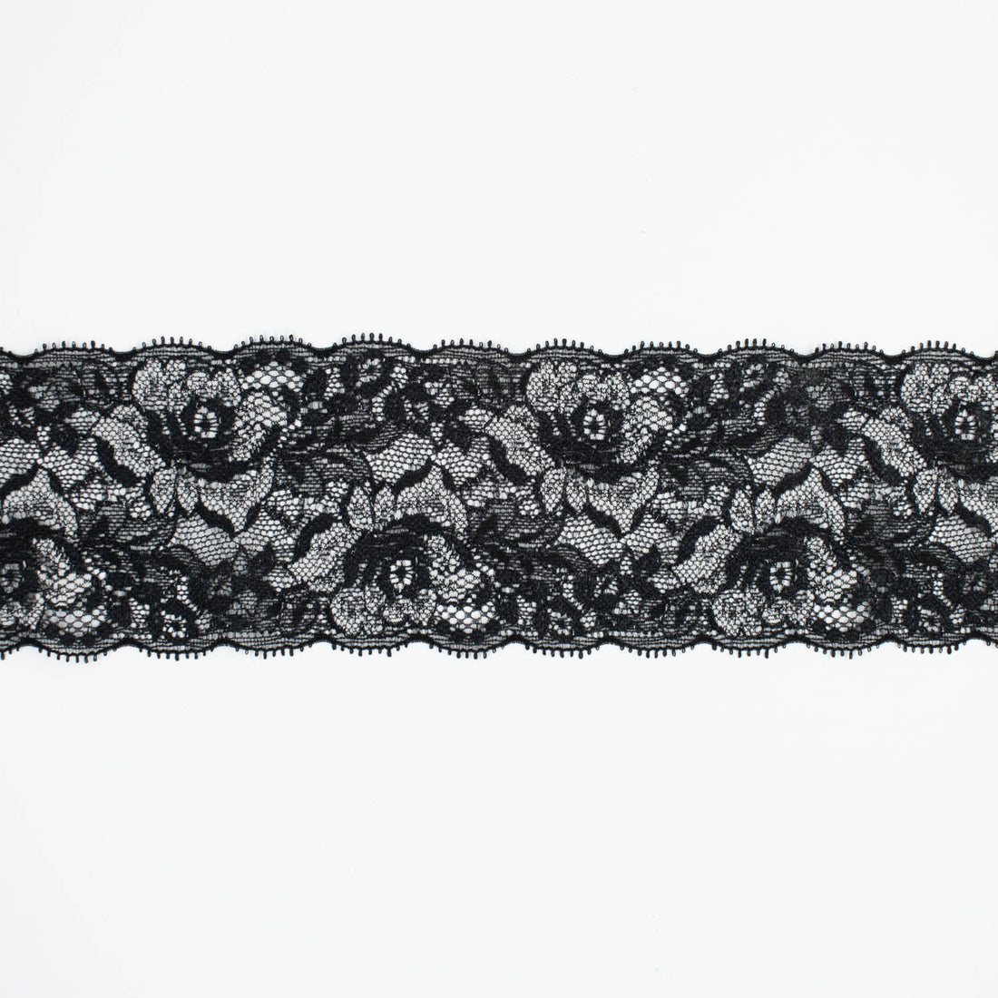 Floral Stretch Raschel Lace Trim 70mm Black & Silver