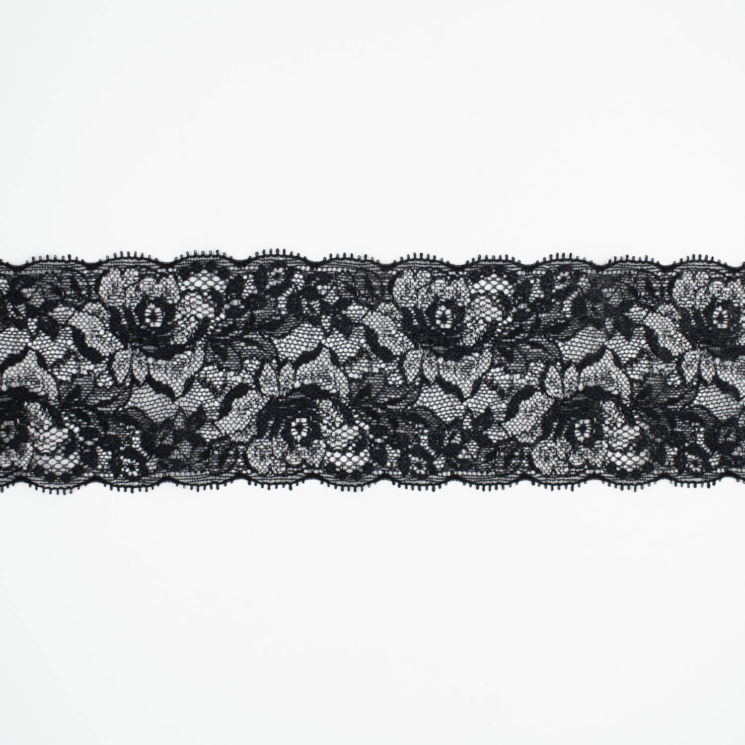 Floral Stretch Raschel Lace Trim 70mm Black & Silver