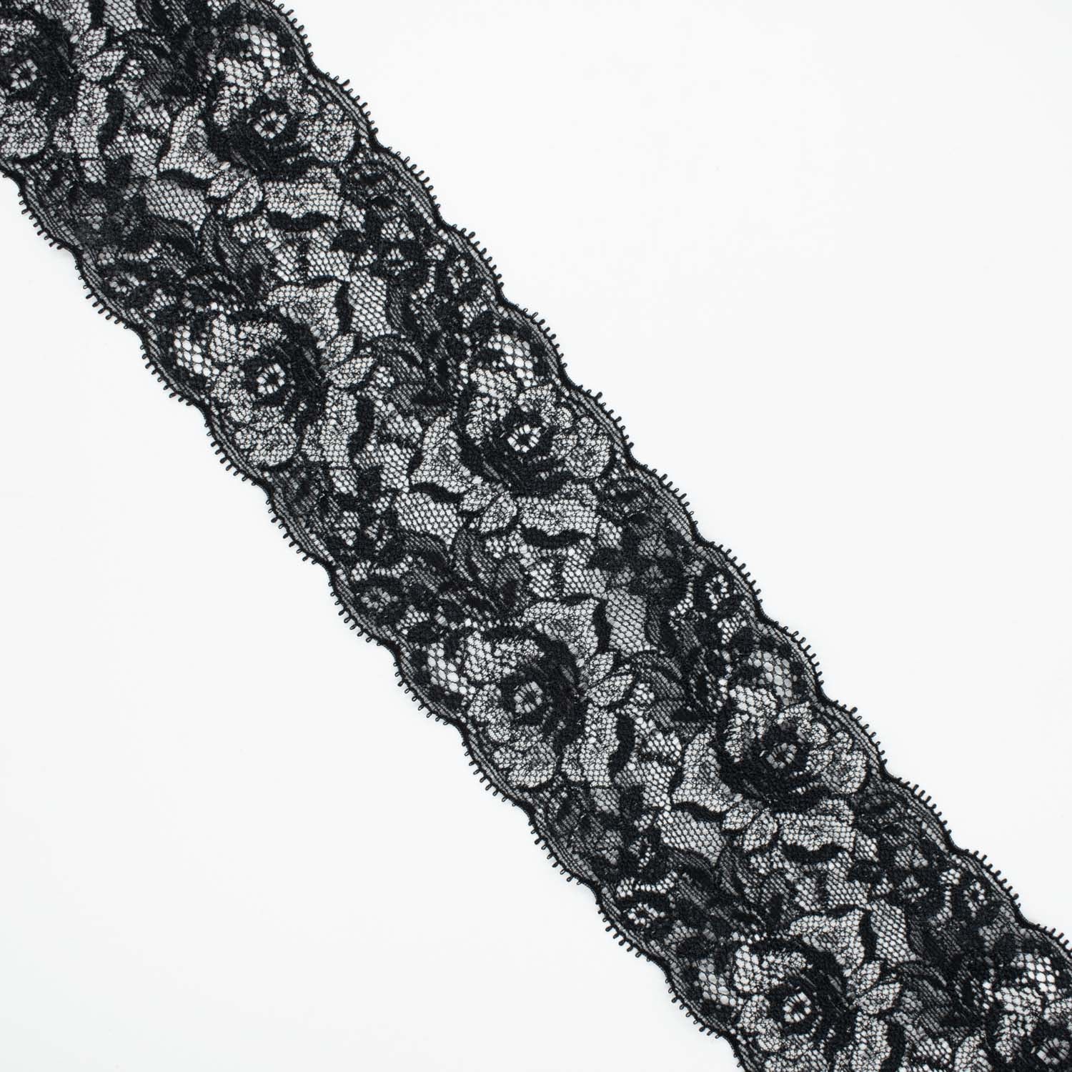 Floral Stretch Raschel Lace Trim 70mm Black & Silver