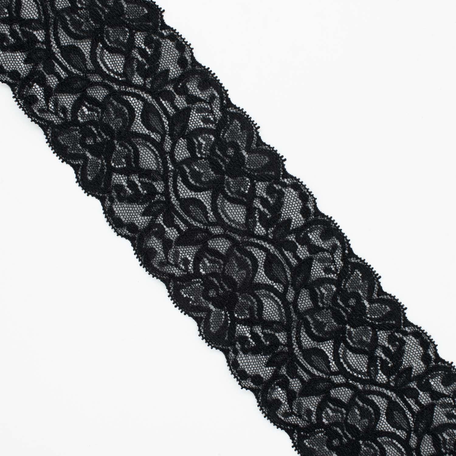Black Floral Stretch Raschel Lace Trim 80mm