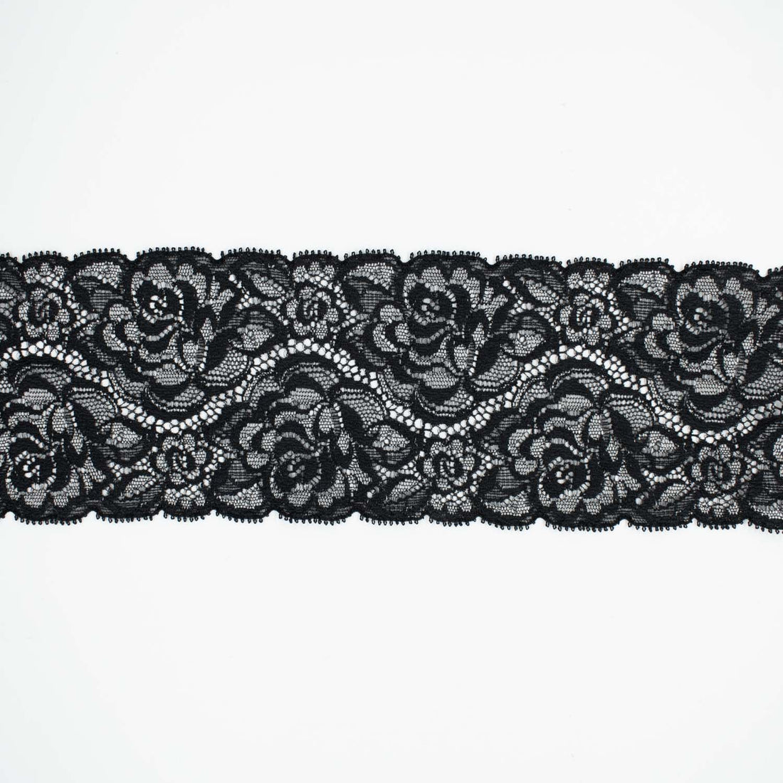 Roses Stretch Raschel Lace Trim 90mm Black & Silver