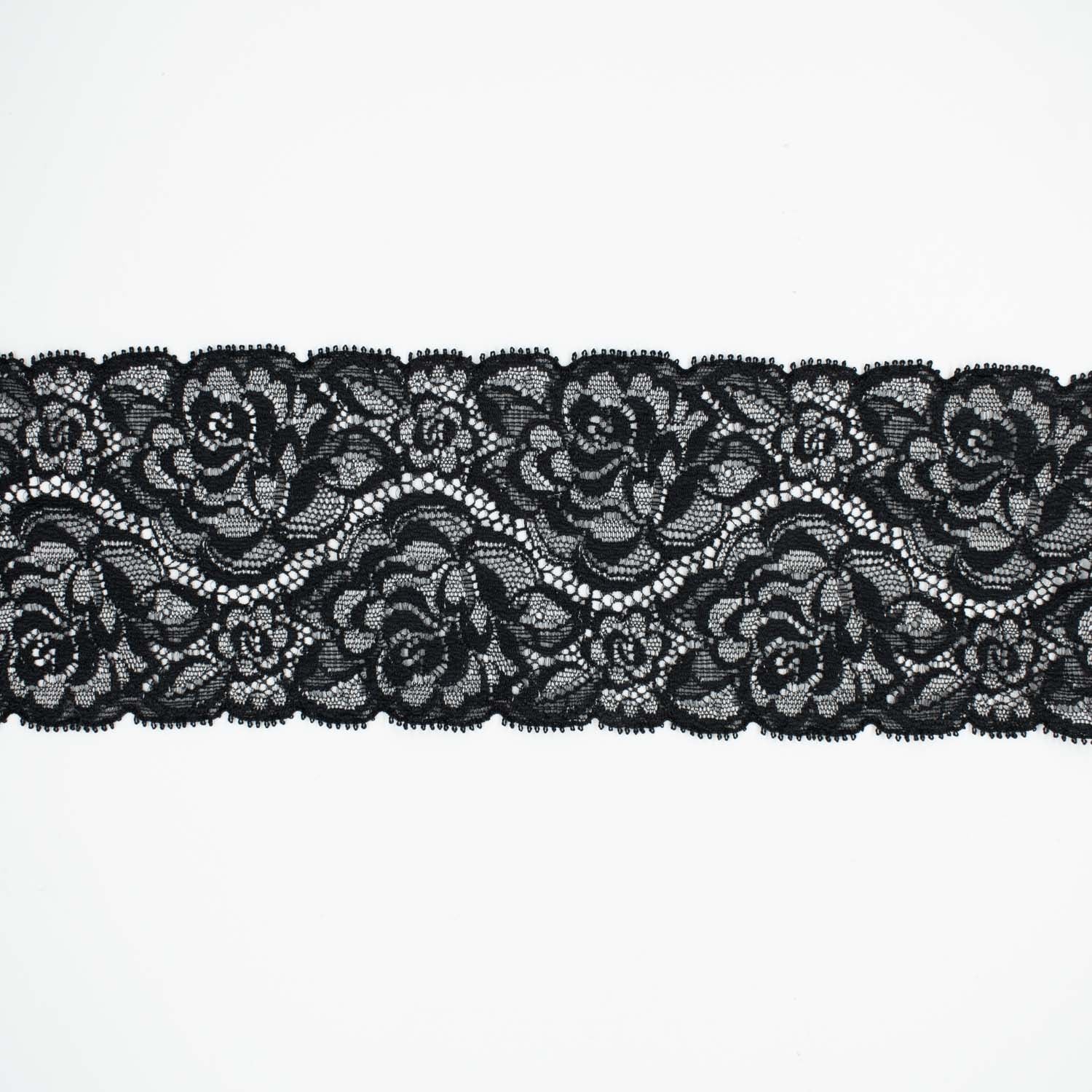 Roses Stretch Raschel Lace Trim 90mm Black & Silver