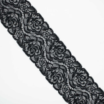 Roses Stretch Raschel Lace Trim 90mm Black & Silver