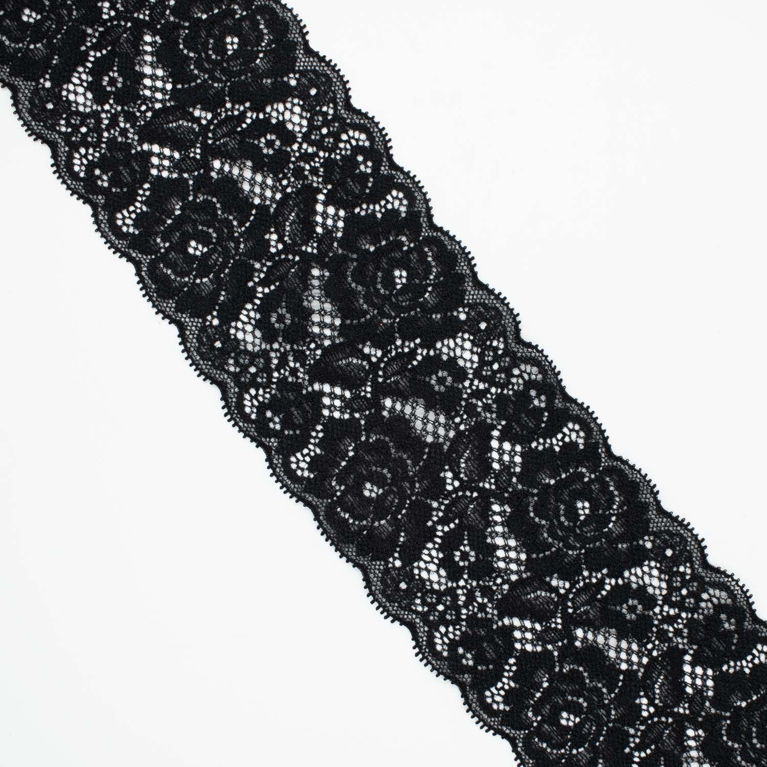 Floral Stretch Raschel Lace Trim 90mm Black